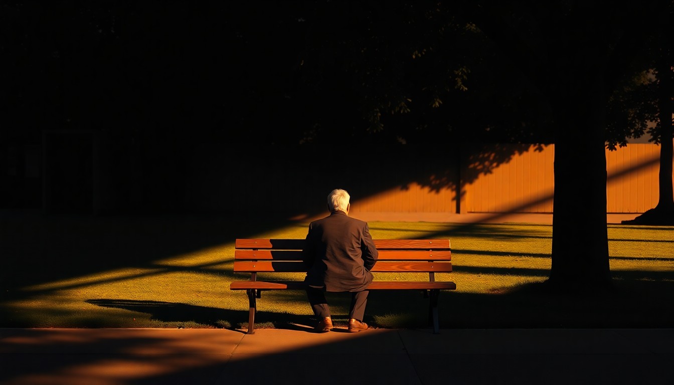 A pensive, elderly man sitting alone on a park bench, the warm sunlight and deep shadows creating a contemplative, cinematic mood around him.