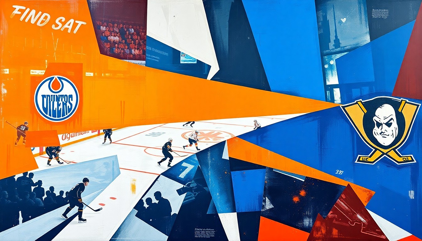 A fractured, multi-perspective painting in the style of Pablo Picasso, breaking down a hockey game between the Edmonton Oilers and Anaheim Ducks into sharp, overlapping geometric planes of vibrant colors.