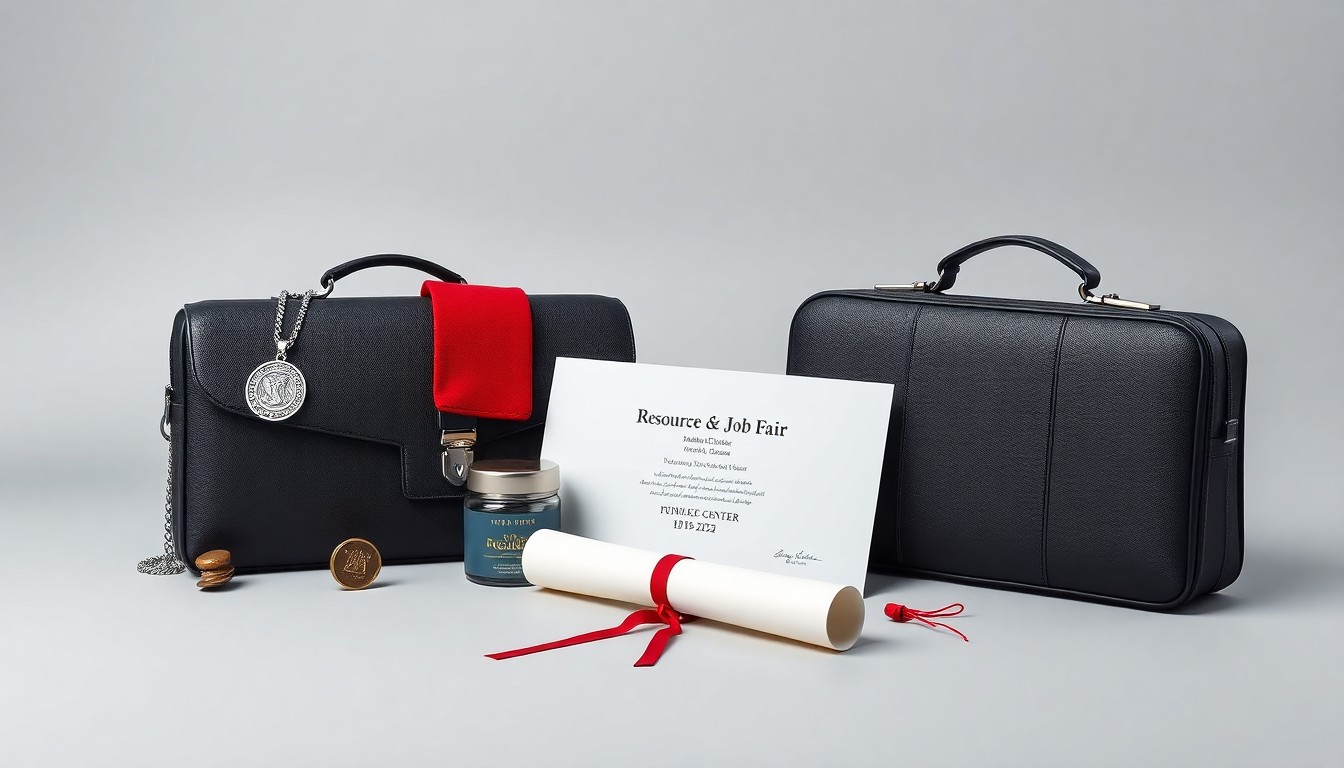 A high-end, photorealistic studio still-life photograph featuring a collection of polished, premium objects arranged elegantly on a clean, monochromatic background, conceptually representing the various resources and support services available to veterans at the McNulty Veteran Business Center's annual event.