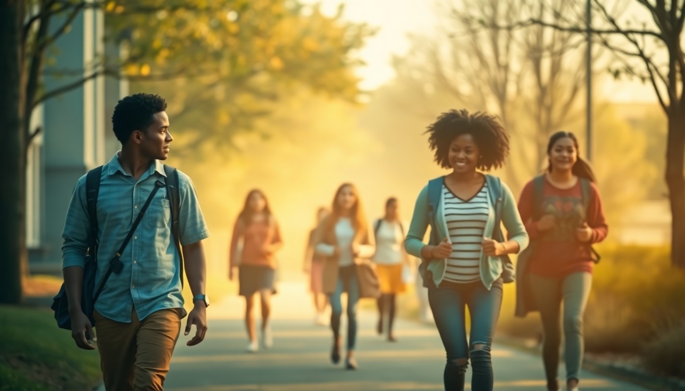 An abstract, out-of-focus photograph in soft, warm tones depicting the blurred silhouettes of several people walking together on a college campus, conveying a sense of community and educational opportunity.