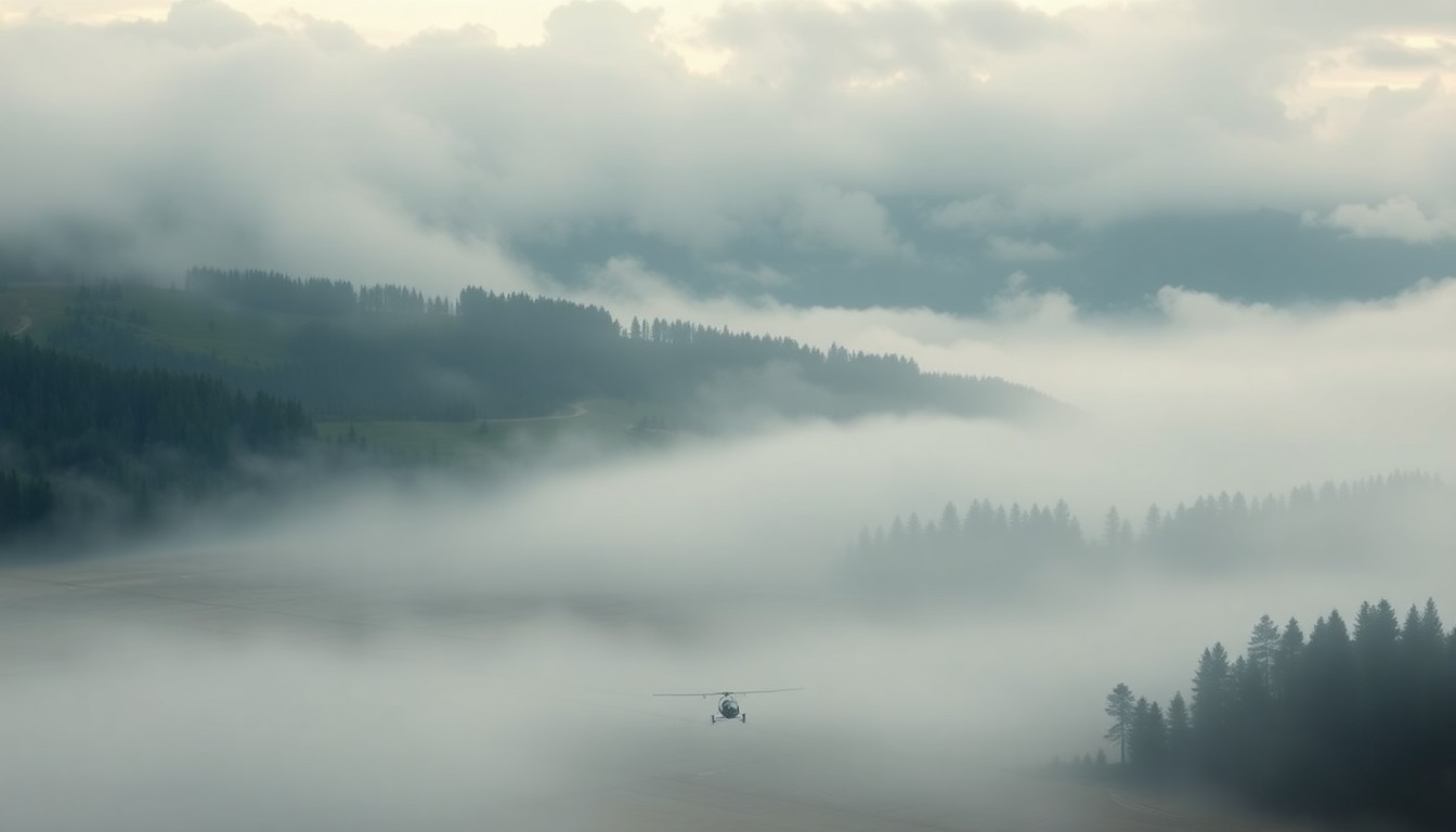 A sweeping, atmospheric landscape painting in muted tones of grey, blue, and green, with a small paramotor craft barely visible in the distance, dwarfed by the vast, natural surroundings.