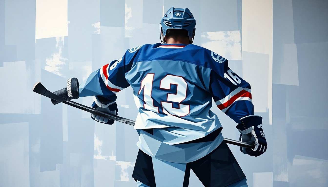 A fractured, geometric painting depicting a hockey player's body and movements broken down into sharp, overlapping planes of muted blues, grays, and whites, with the player's face obscured, conveying the physical and emotional toll of a severe medical ordeal.