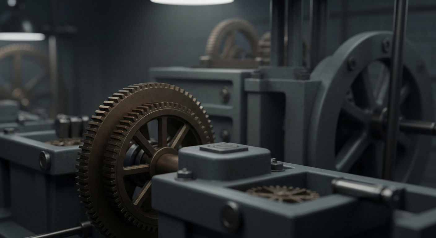 A highly detailed, macro-level view of industrial banking equipment and mechanisms, conveying the tangible, mechanical nature of financial institutions and markets.