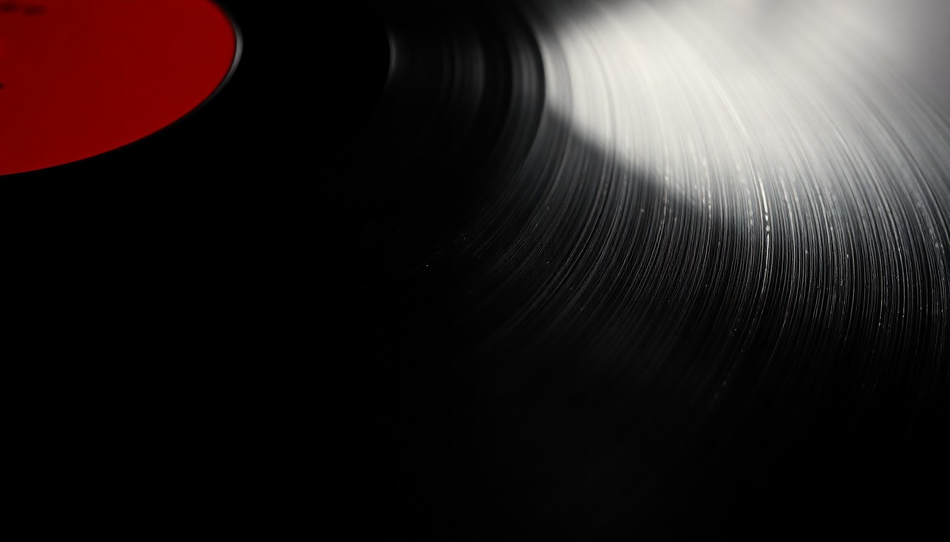 An extreme close-up photograph of the surface of a vintage vinyl record, capturing the intricate grooves and textured surface in dramatic, high-contrast lighting that evokes a sense of glamour and timelessness.