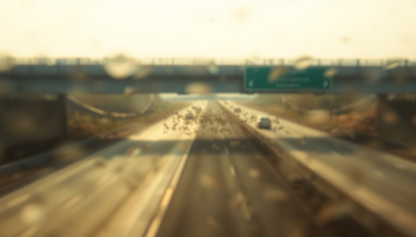 An abstract, out-of-focus photograph depicting a hazy, dreamlike scene of a highway ramp with a faint swarm of bees in the distance, conveying a sense of chaos and unease through soft pools of warm, golden light and muted, earthy tones.