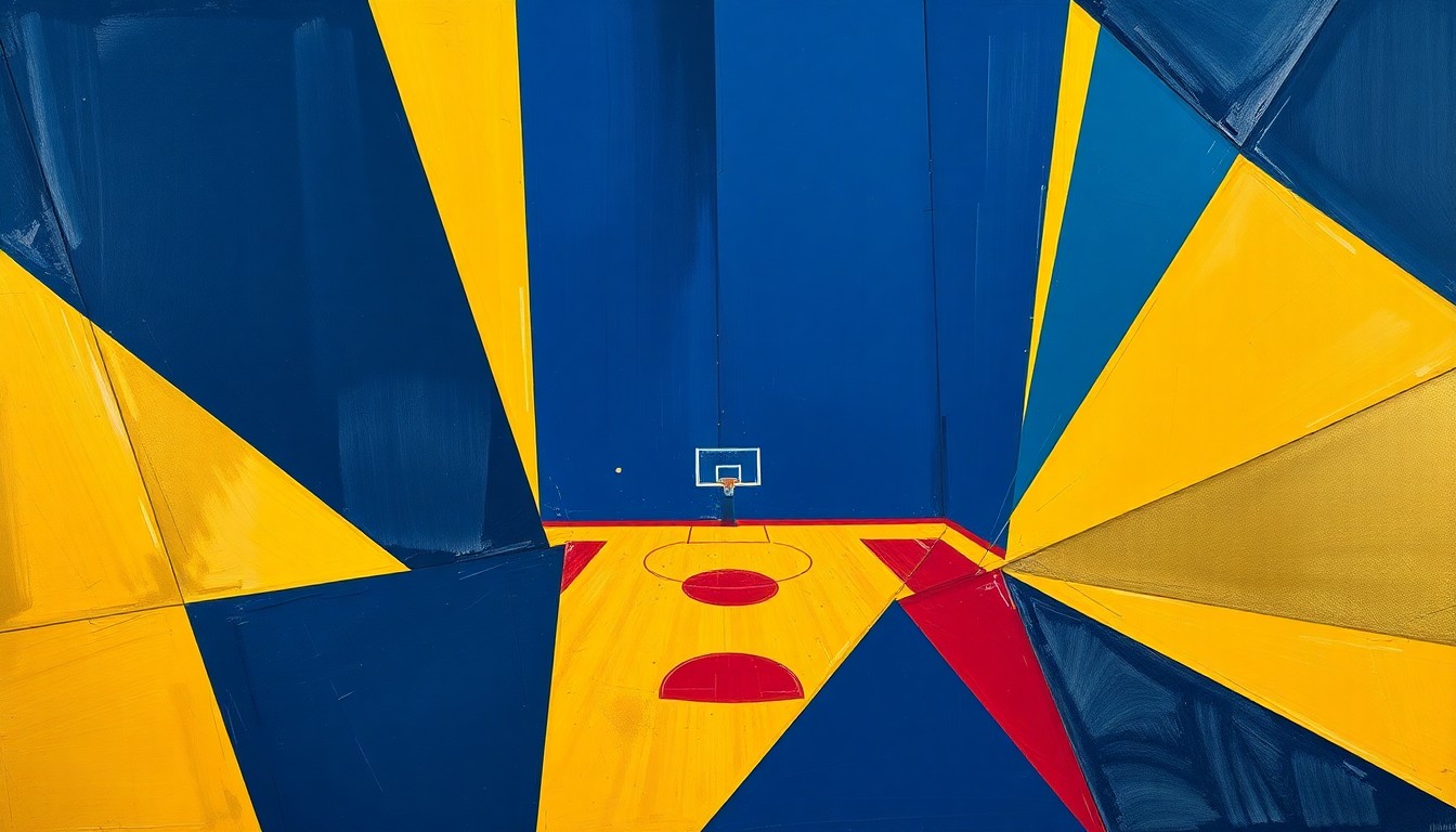 A fragmented, cubist-style painting depicting the dynamic movements and energy of a college basketball game, with sharp geometric shapes in navy, gold, and crimson overlapping to create a sense of motion and intensity.