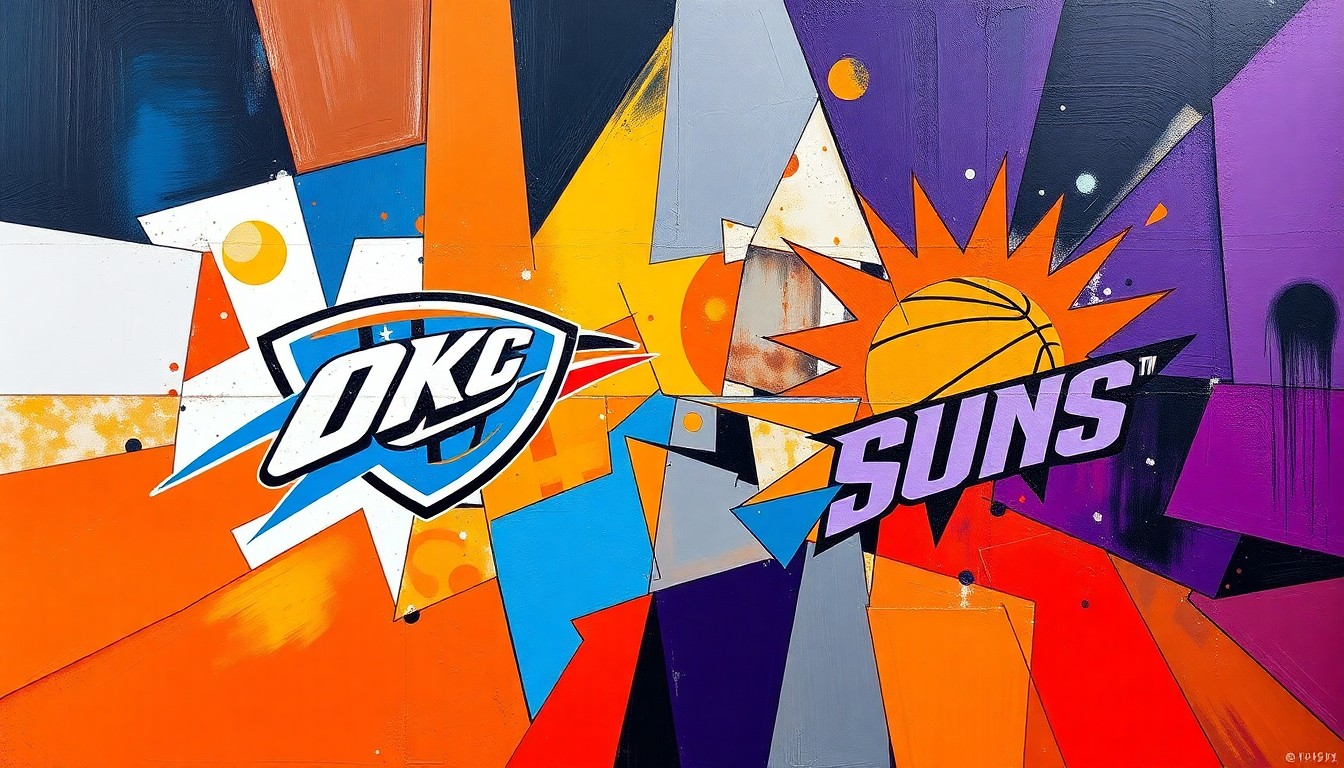 A dynamic, cubist-style painting depicting a basketball game between the Oklahoma City Thunder and Phoenix Suns, with the players and court broken down into sharp, overlapping geometric shapes and planes of vibrant team colors.