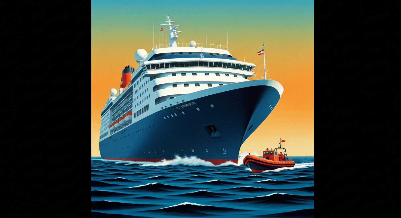A highly stylized, geometric illustration in the Art Deco style depicting the grand scale of a cruise ship rescue operation, with a sweeping, airbrushed gradient background and sleek, streamlined forms representing the ship and rescue boat.