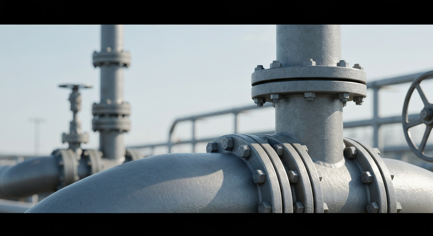 An extreme close-up of industrial pipeline valves, gauges, and other heavy machinery, conveying the physical scale and power of the energy infrastructure sector.