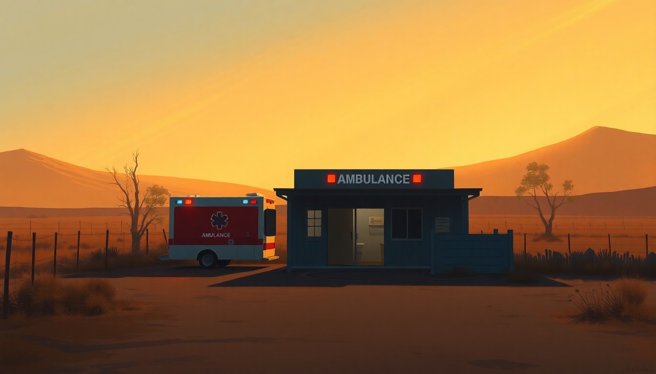 A serene, cinematic painting of a rural ambulance station set against a backdrop of warm, golden sunlight and deep shadows, conveying the solitary nature of emergency services in remote areas.