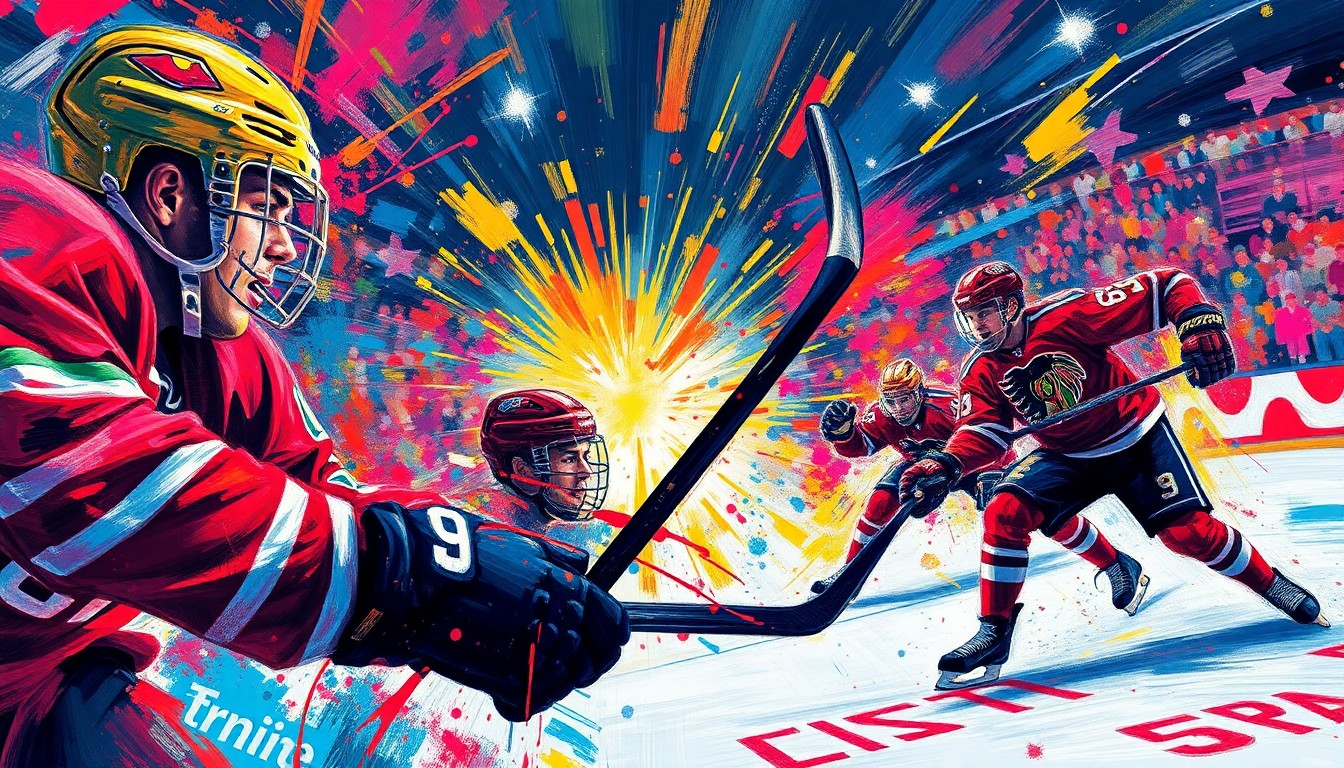 An abstract, expressionist painting in vibrant neon colors depicting the frenetic action and scoring plays of a high-stakes hockey playoff game, with players' faces and jerseys blurred into dynamic brushstrokes.