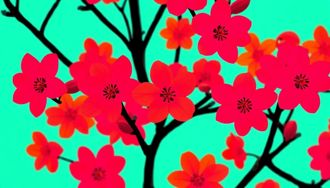 A bold, colorful silkscreen-style illustration featuring a repeating grid of stylized Bradford pear tree flowers in vibrant neon hues, conceptually representing the invasive nature of this problematic plant species.