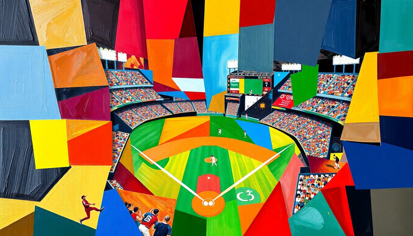 A cubist, geometric painting featuring overlapping planes of Boston College's maroon and gold colors, as well as Duke's blue and white, capturing the dynamic action and energy of a college baseball game.