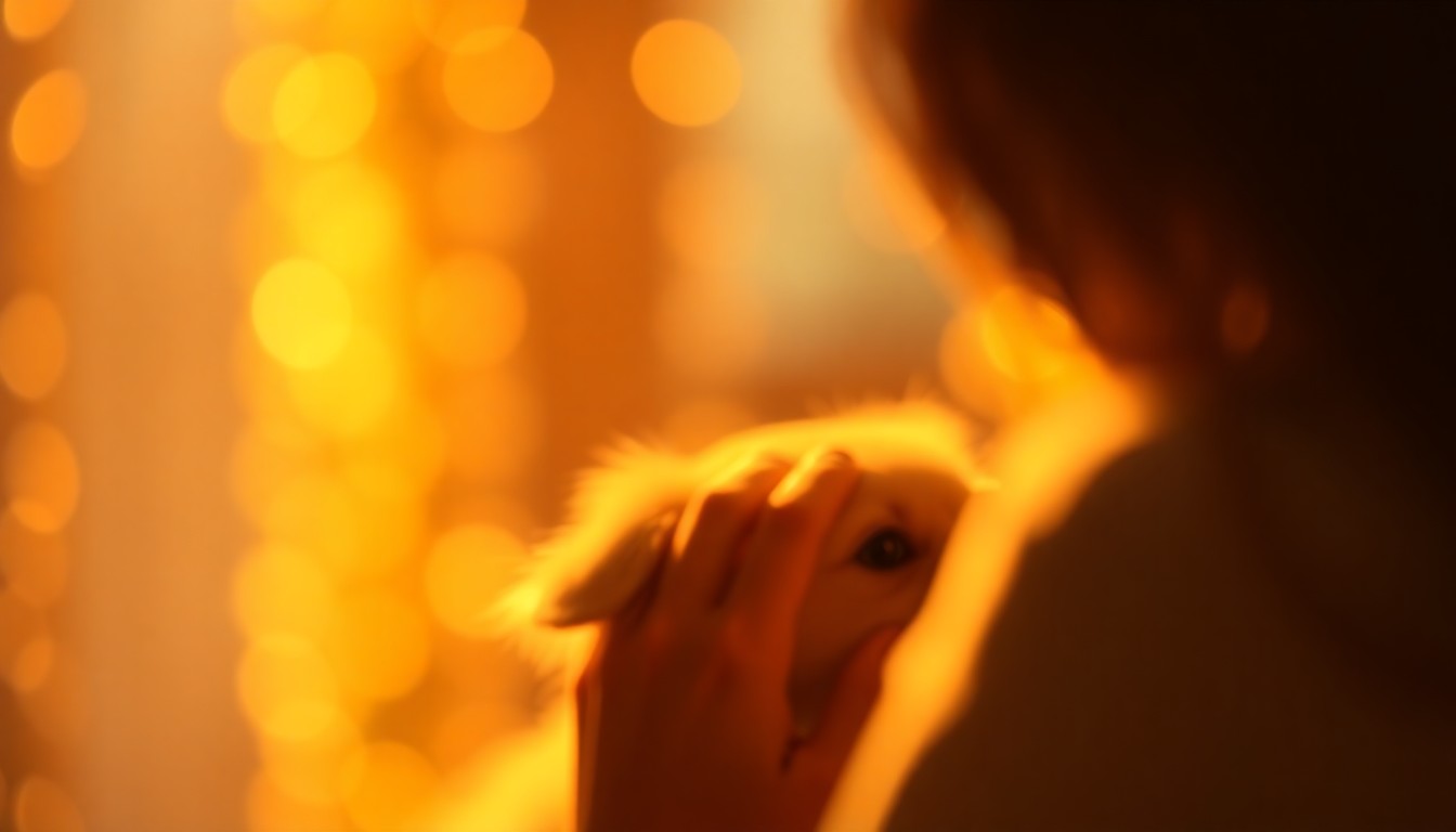An abstract, impressionistic image of a person's hand gently petting a furry animal, with the scene captured in a hazy, dreamlike wash of warm, golden light and color.