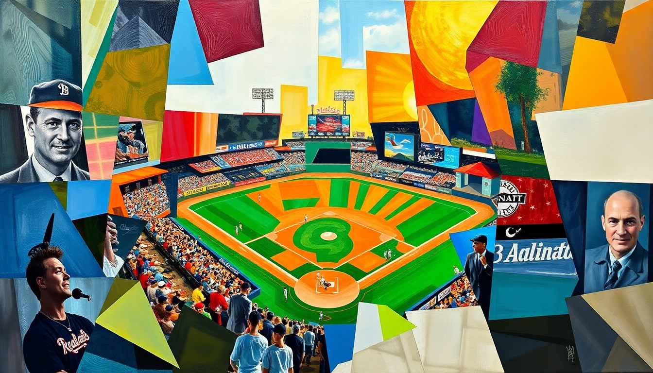 A fragmented, geometric painting in bold primary colors representing the action and energy of a baseball game, conveying a sense of tension and urgency.