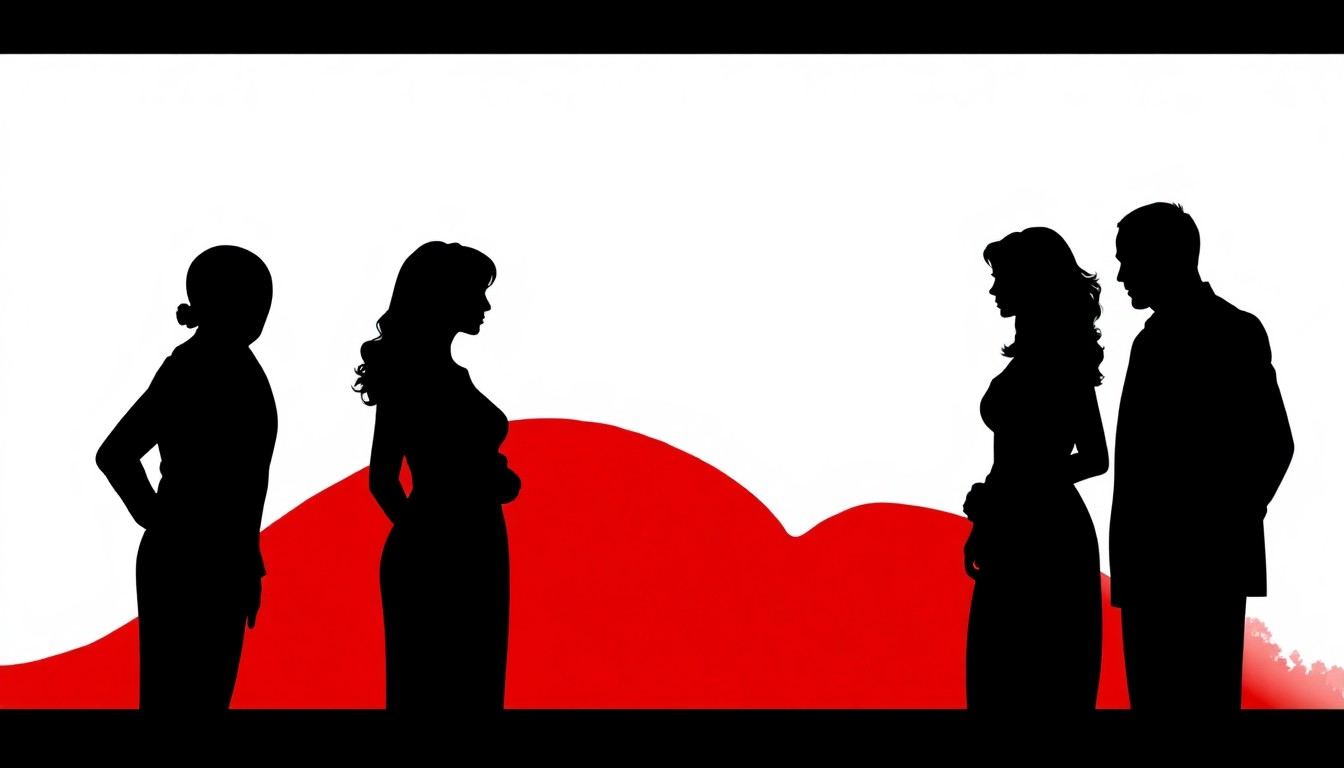 An abstract, minimalist illustration featuring bold, jagged black silhouettes against a bright red background, conceptually representing the dramatic storylines and character dynamics of the long-running soap opera 'Days of Our Lives'.
