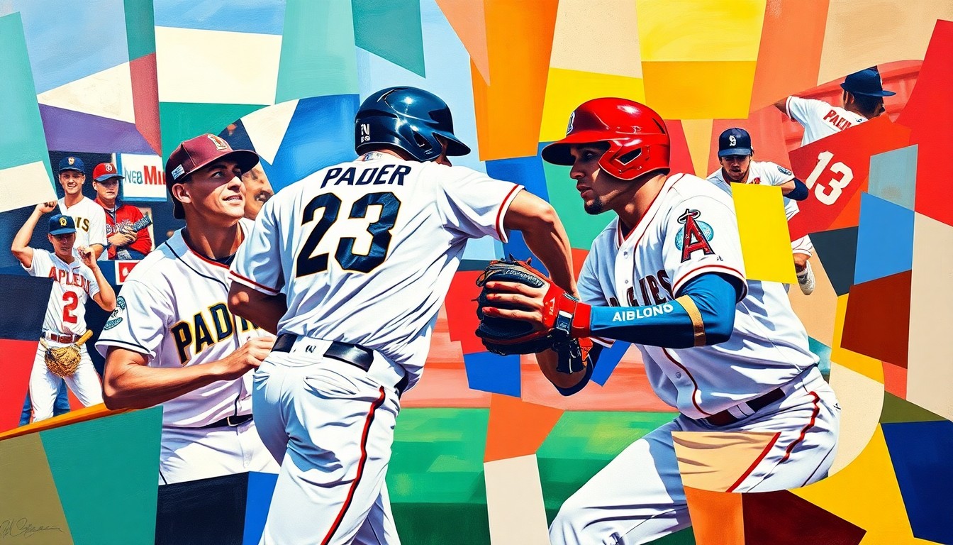 A cubist, geometric painting depicting a baseball game or action, with sharp, overlapping planes of color representing the Padres and Angels uniforms, conveying the energy and tension of the matchup.