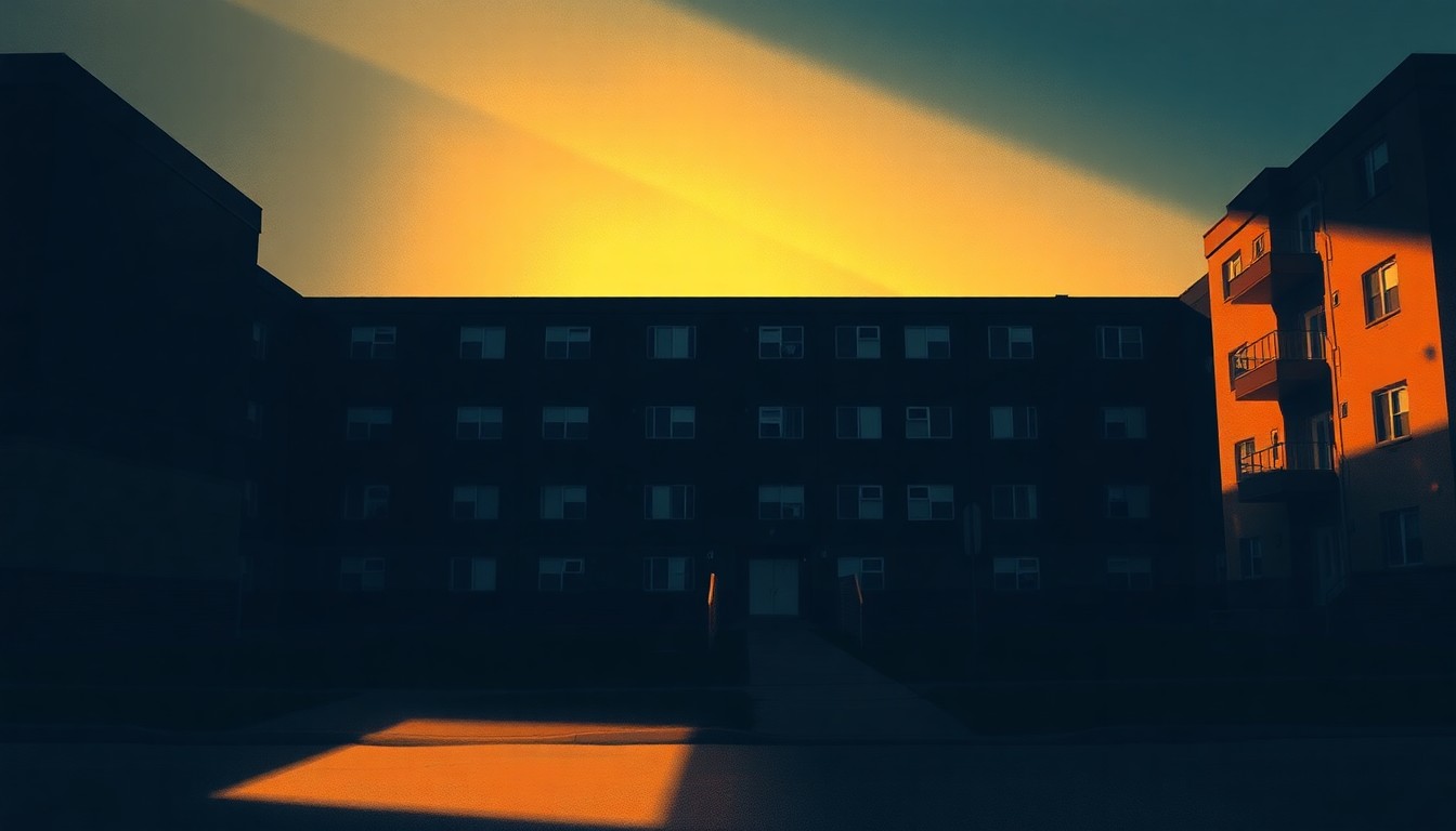 A photorealistic painting of a multi-story public housing apartment building in warm, golden sunlight, with deep shadows across the facade, conveying a sense of stability and hope for the community.
