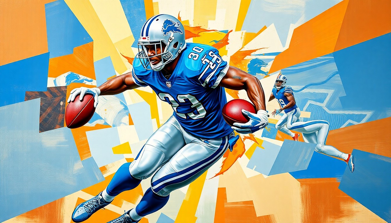 A fractured, multi-perspective painting in the style of Pablo Picasso, breaking down a football player in mid-action into sharp, overlapping geometric planes rendered in the official colors of the Detroit Lions.