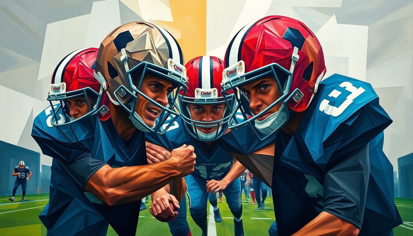 A fractured, cubist-style painting depicting the intensity and energy of a football game, with players' bodies and uniforms broken down into overlapping geometric shapes and planes of color.