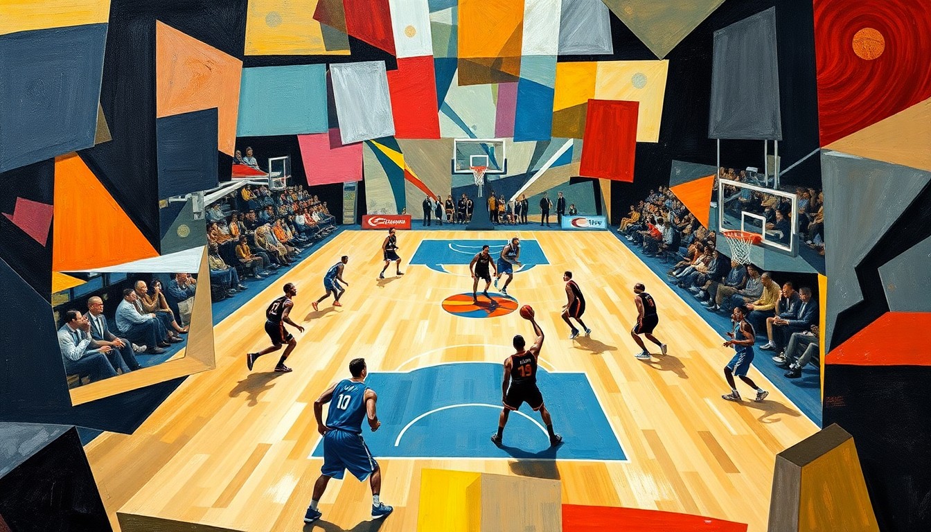 A cubist, geometric painting depicting the dynamic energy and movement of a basketball game, with players and the court deconstructed into abstract shapes and planes of color.