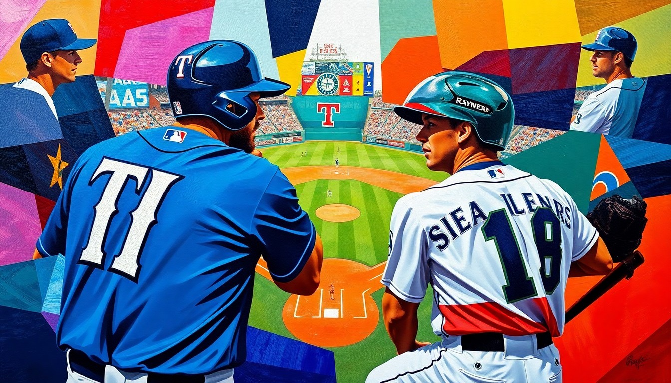 A cubist, geometric painting depicting a baseball game between the Texas Rangers and Seattle Mariners, with the players' forms abstracted into angular, overlapping shapes in a vibrant color palette.