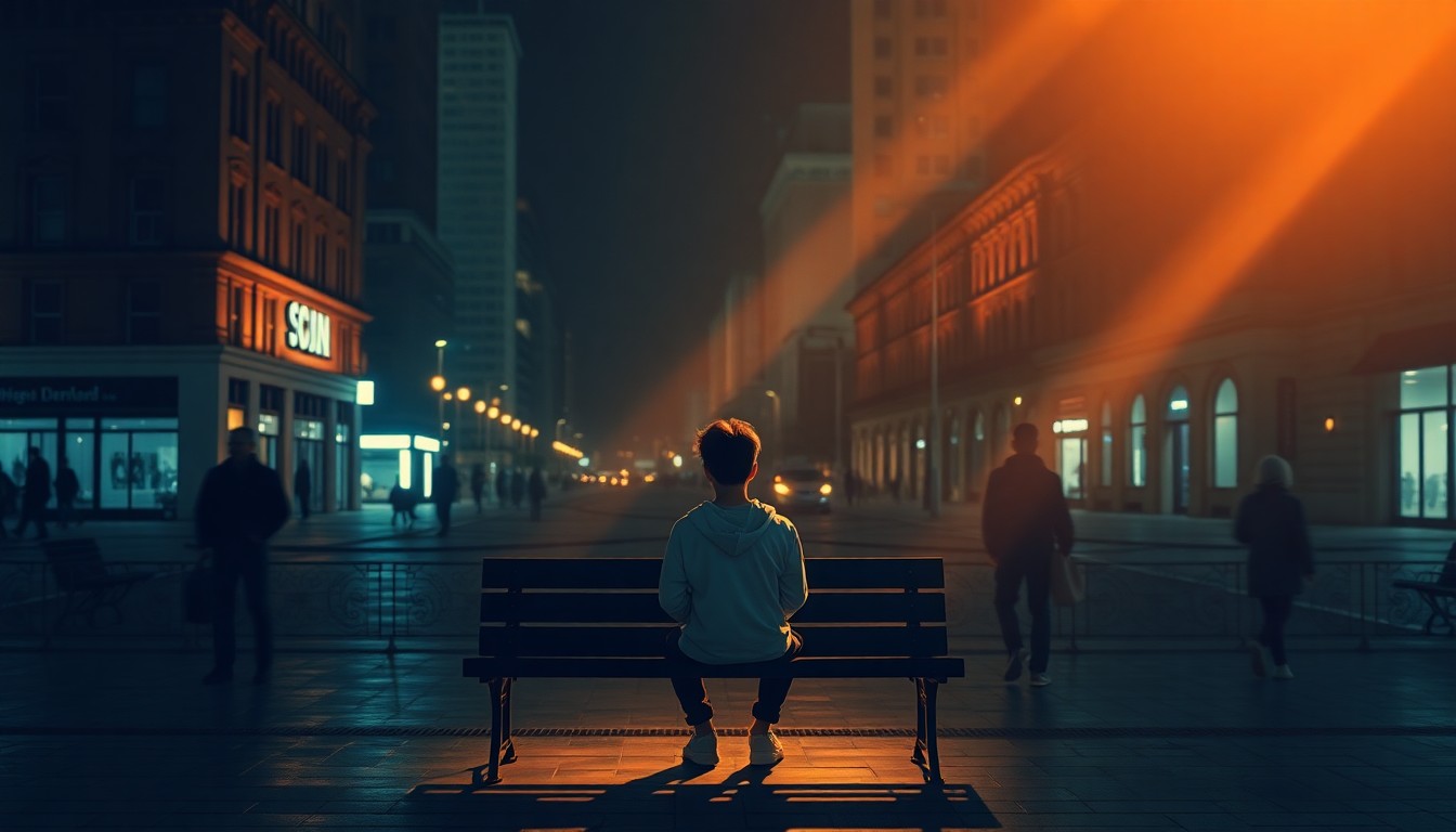 A pensive young person sitting alone on a bench in a shadowy urban plaza, the warm light casting dramatic shadows across their face, conveying a sense of isolation and the challenges facing youth worldwide.