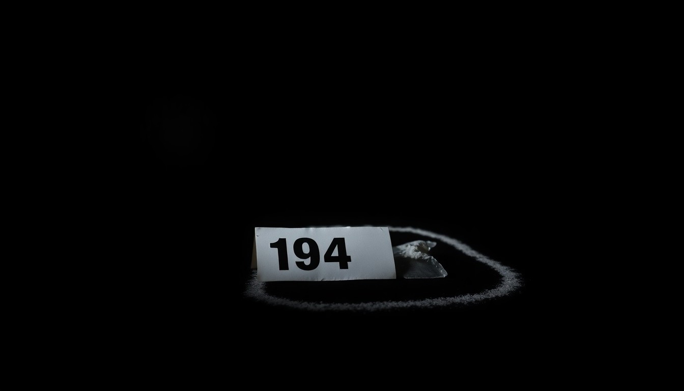 An extreme close-up photograph of a single police evidence marker, such as a numbered placard or chalk outline, lit by a harsh, direct camera flash against a pitch-black background, conceptually illustrating the gritty, investigative nature of a death inquiry.