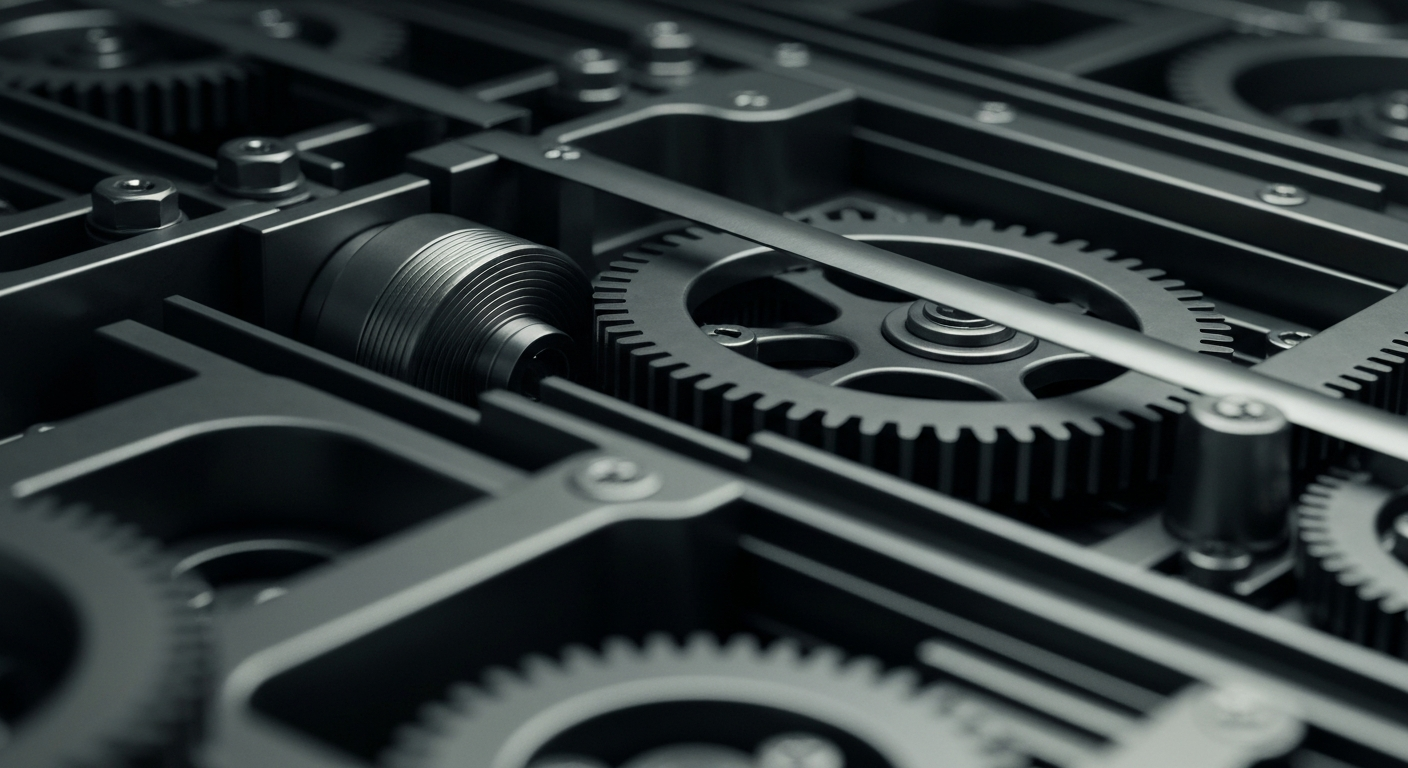 A close-up view of the intricate inner workings of a high-tech stock trading platform, rendered in a heavy, industrial style that conveys a sense of power and precision underlying modern financial technology.