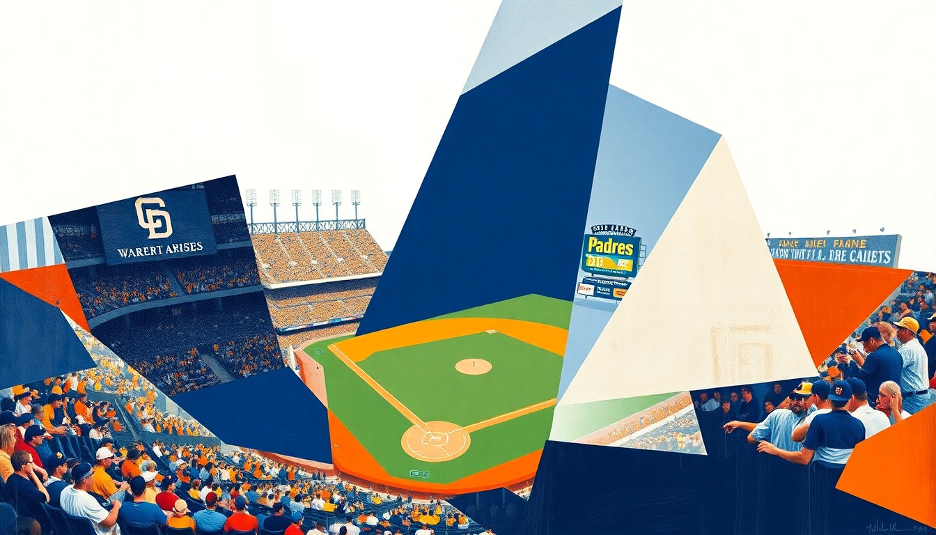A cubist, geometric painting depicting a Padres baseball game broken down into overlapping planes of navy blue, orange, and white, capturing the complex and multifaceted nature of the team's struggles against elite starting pitchers.