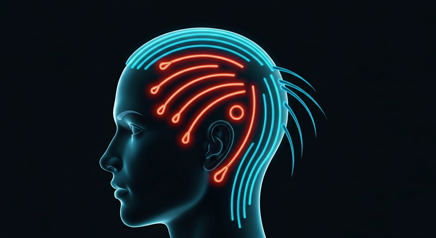 A minimalist illustration of a human head defined by vibrant neon lines representing the hair follicles and strands, conceptually depicting the energizing effects of caffeine on the scalp.