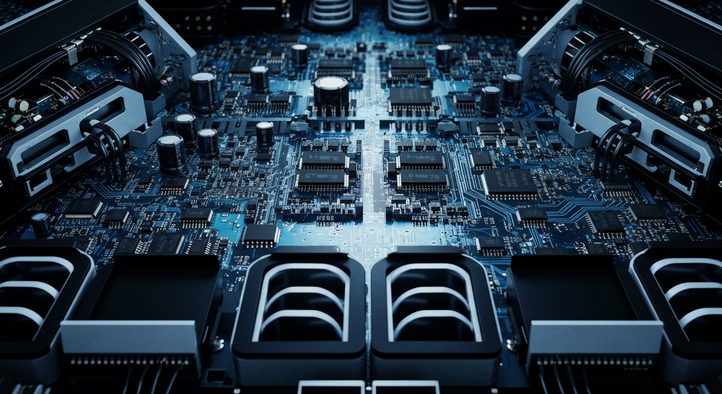 An extreme close-up of the intricate inner workings of a streaming media server, with a focus on the dense array of circuit boards, cables, and cooling systems that power the global Netflix platform.