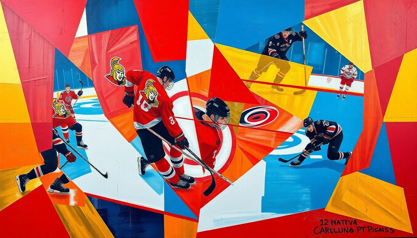 A cubist, geometric painting depicting the action of a hockey game between the Ottawa Senators and Carolina Hurricanes, with the players and puck rendered in overlapping, angular forms in a vibrant color palette.