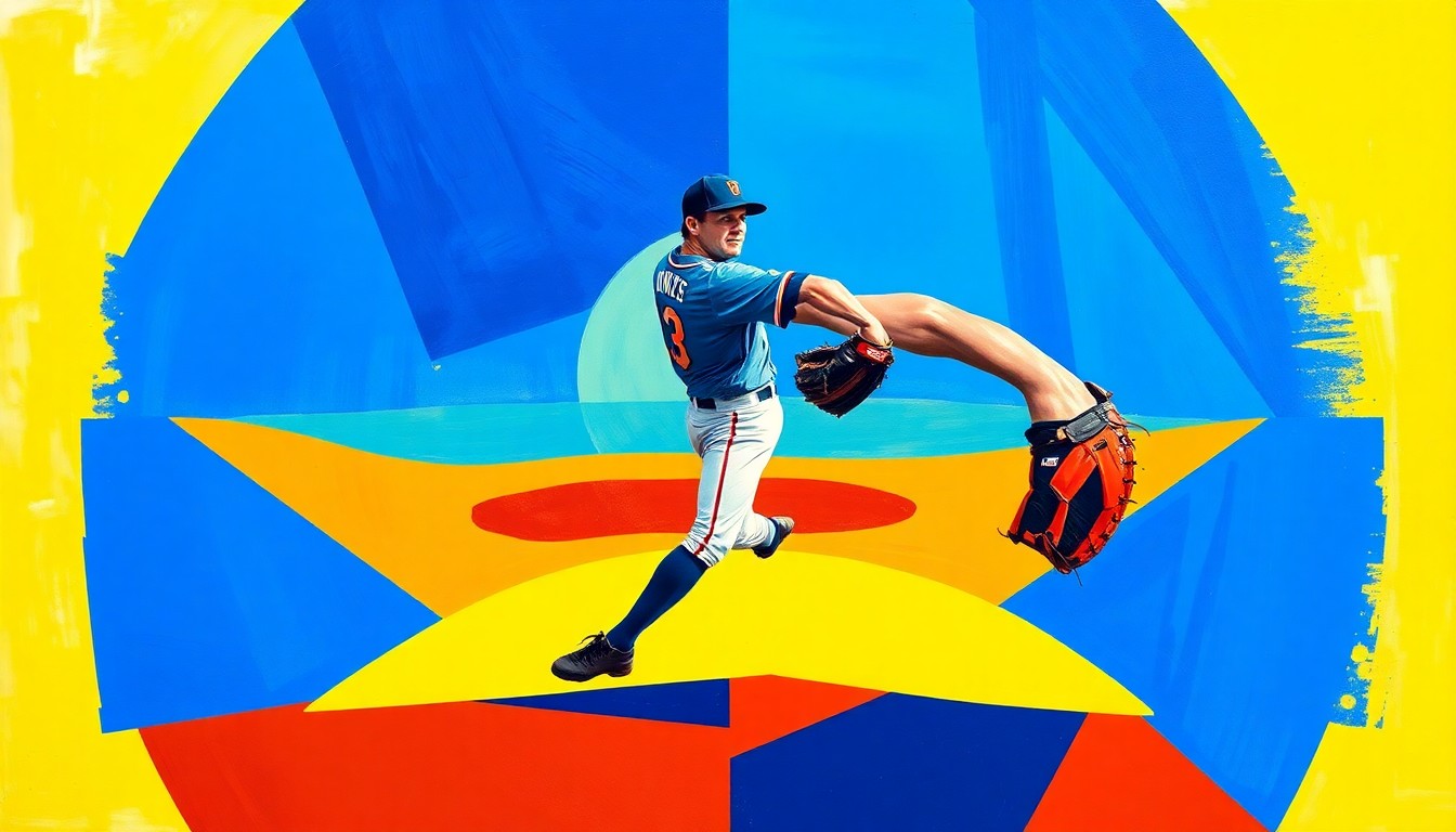 A fractured, multi-perspective painting depicting a baseball pitcher's windup and delivery broken down into sharp, overlapping geometric planes in shades of blue, capturing the dynamic motion of the sport.