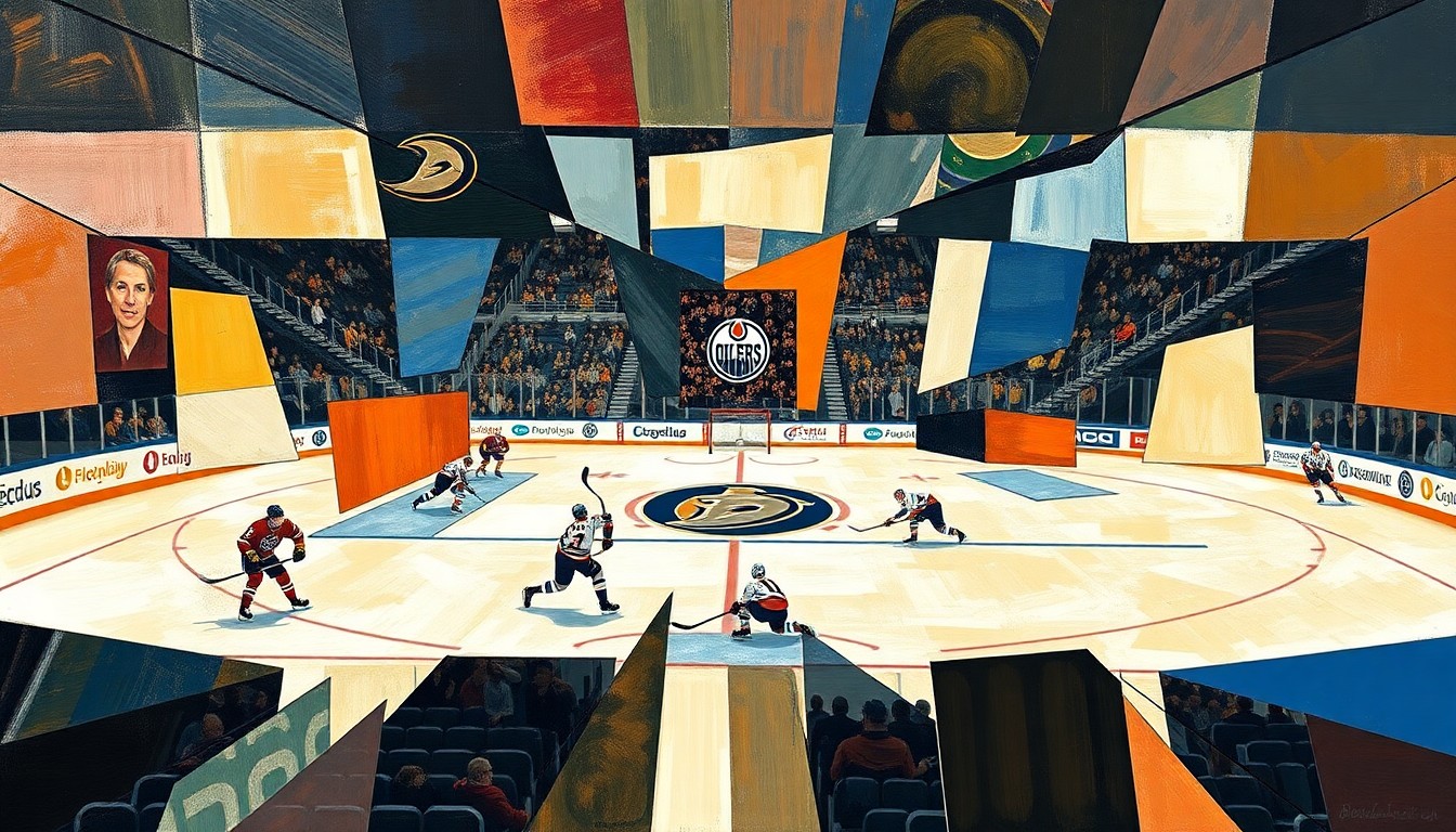 A cubist, geometric painting depicting a hockey game in motion, with players and the puck fragmented into sharp, overlapping shapes and planes of color, conveying the intensity and strategic complexity of playoff hockey.