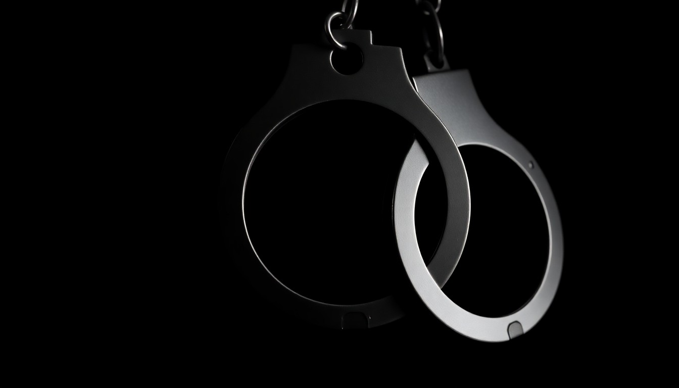 An extreme close-up photograph of a police badge or handcuffs against a pitch-black background, the harsh flash creating a stark, dramatic effect that conveys the gravity of the situation without depicting any actual violence.