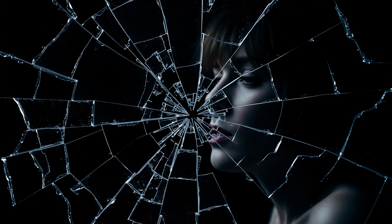 An extreme close-up photograph of shattered glass reflecting a faint red light, conceptually representing the fractured partnership between Marianne Faithfull and Mick Jagger after the censorship of her song.