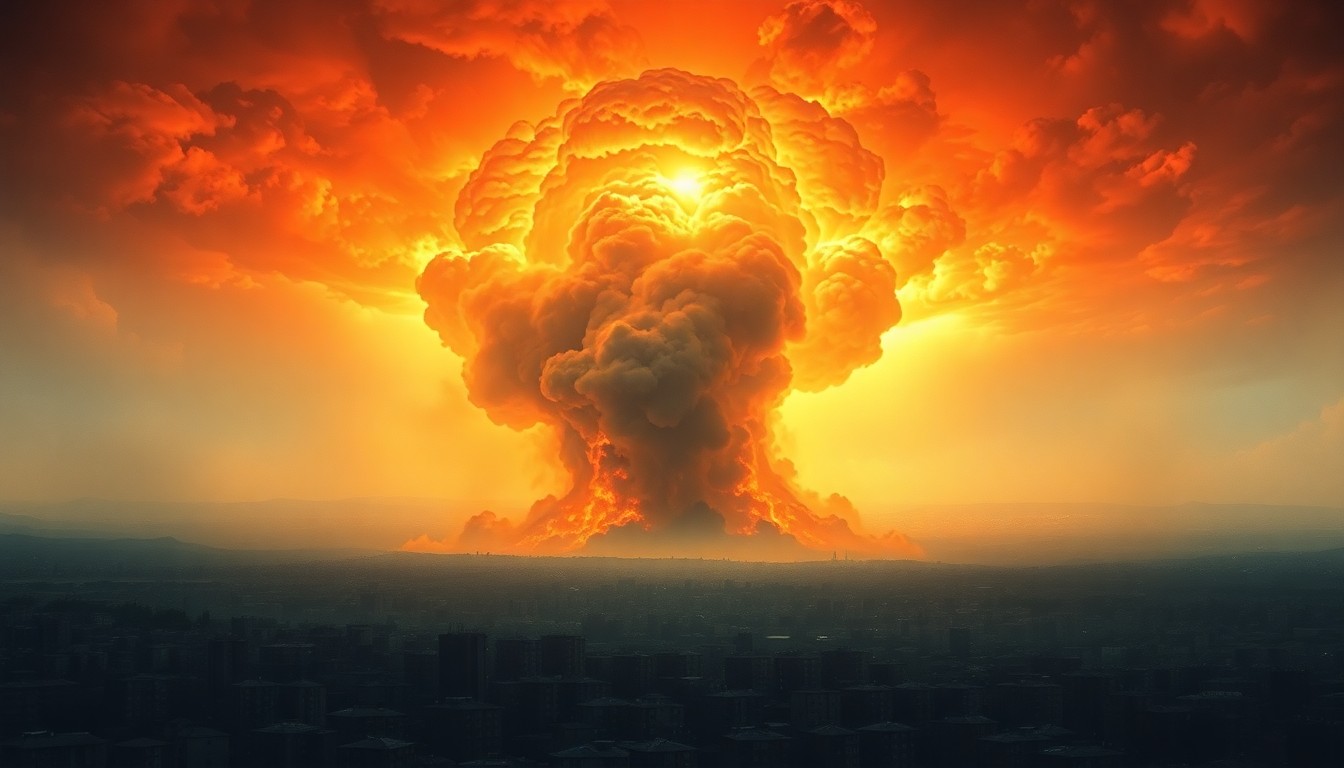 A dramatic landscape painting in the style of Caspar David Friedrich, depicting a massive plume of smoke and flames rising from a densely packed urban neighborhood, dwarfing the silhouetted buildings below. The fiery vortex dominates the composition, casting an ominous glow across the atmospheric, hazy sky.