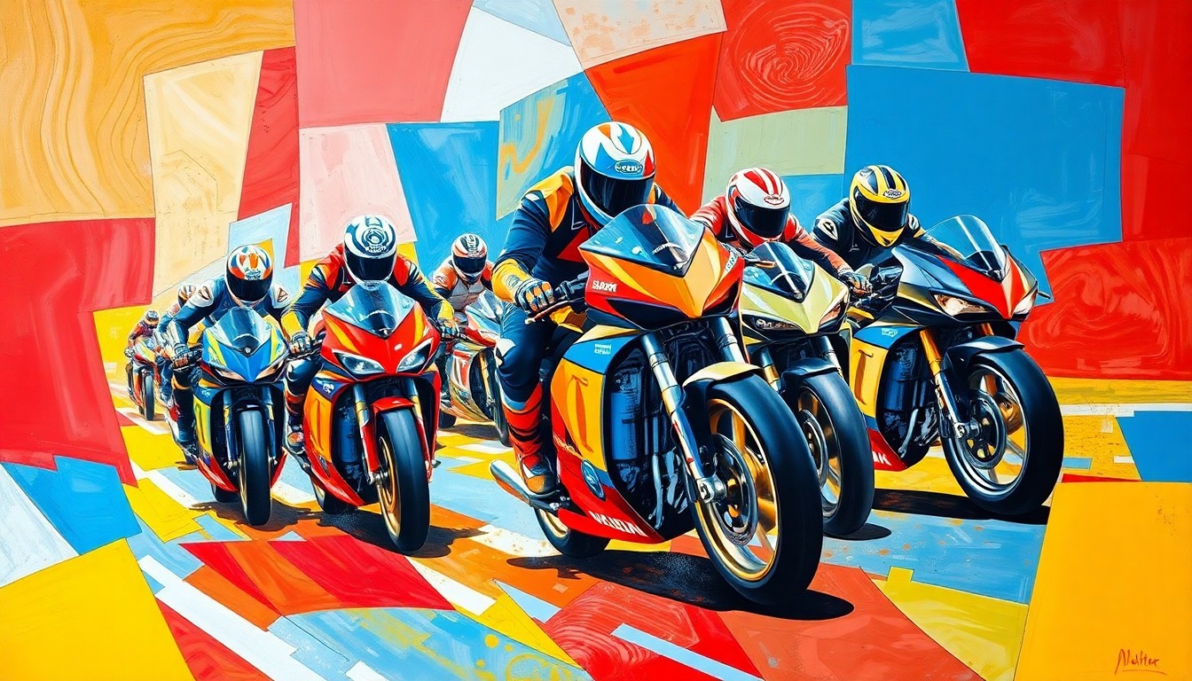A fragmented, geometric painting depicting a motorcycle race, with sharp planes of color representing the speed and motion of the riders as they jockey for position.
