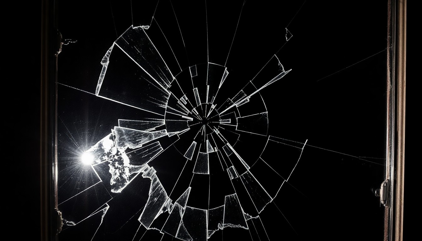 An extreme close-up photograph of a shattered glass window frame, lit by a harsh, direct camera flash against a pitch-black background, conceptually illustrating the aftermath of a home invasion burglary.