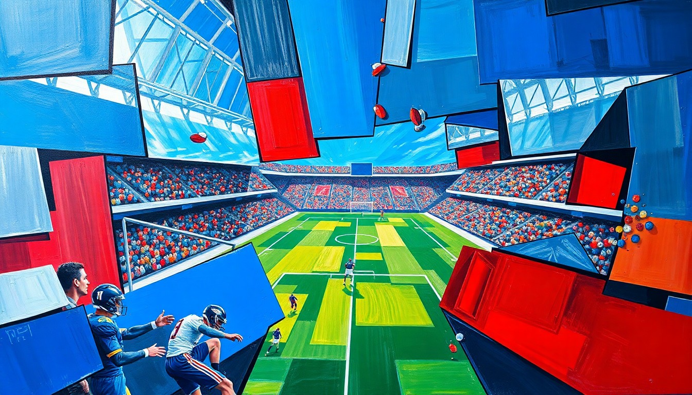 A cubist-style painting depicting a football game or match, with the players and field broken down into sharp, overlapping geometric shapes in vibrant colors like royal blue, silver, and red, capturing the dynamic energy of the sport.