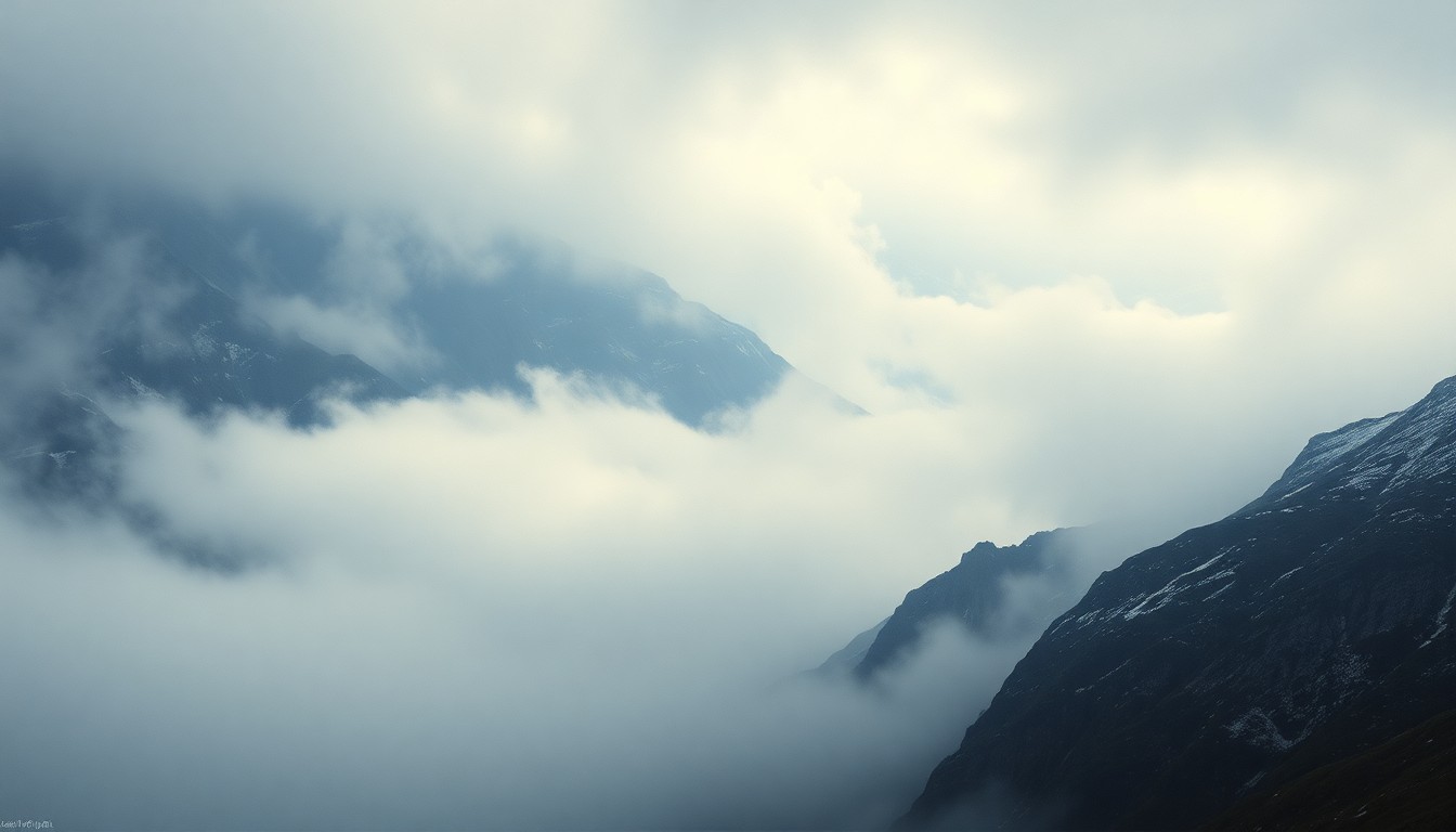 A sweeping, atmospheric landscape painting in muted tones of grey and blue, with the faint outline of a mountainous horizon barely visible through a thick, swirling fog. The scene conveys a sense of the overwhelming scale and power of the natural world, with no clear signs of the plane crash that occurred in this remote location.