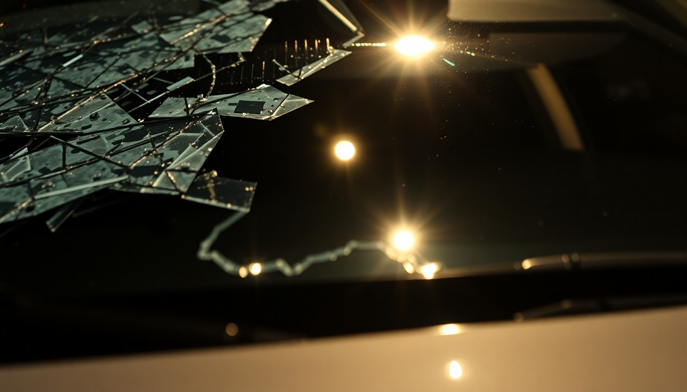 An extreme close-up photograph of a shattered car windshield reflecting the harsh glare of a camera flash, conceptually representing the devastating impact of an impaired driving incident.