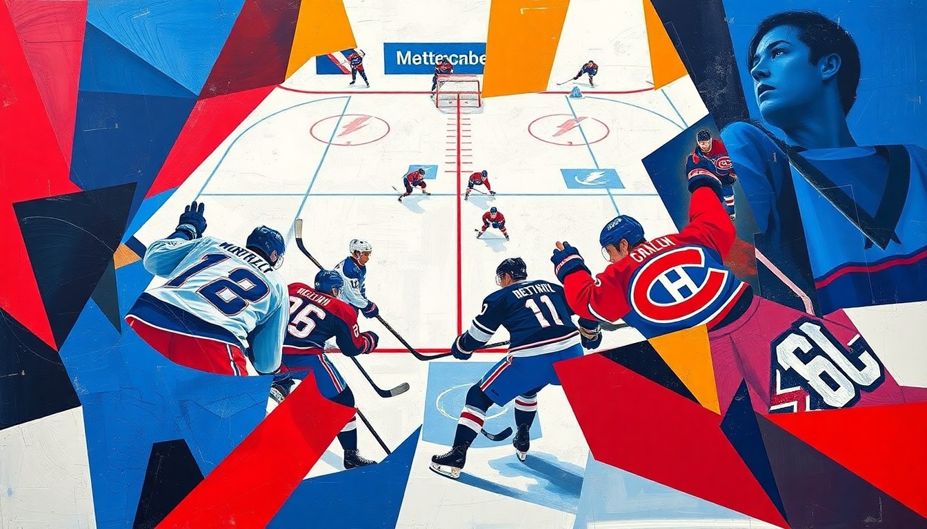 A cubist, geometric painting depicting a hockey game between the Tampa Bay Lightning and Montreal Canadiens, with the players' forms abstracted into sharp, overlapping shapes in vibrant shades of blue, red, and white.