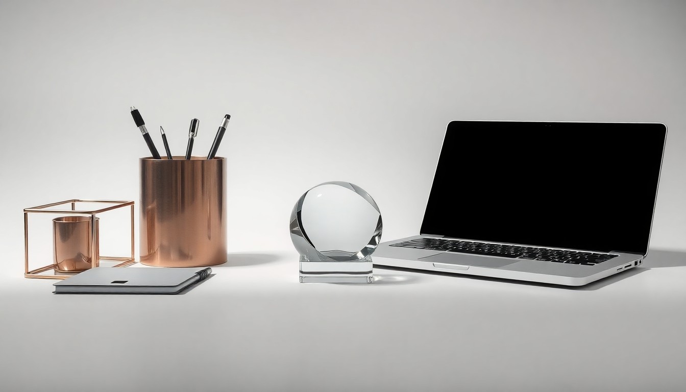 A high-end, photorealistic studio still-life photograph featuring a collection of premium, polished business objects like a metal desk organizer, a glass paperweight, and a sleek laptop computer arranged elegantly on a clean, monochromatic background using dramatic lighting to represent abstract urban revitalization.