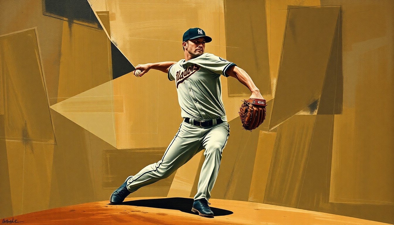 A fractured, geometric painting depicting the motion of a baseball pitcher, with sharp planes of muted earth tones representing the complexity and inconsistency of his delivery.