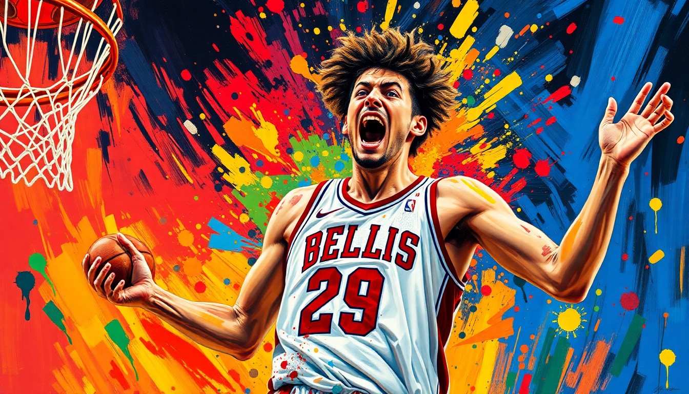 An abstract, expressionist painting featuring LaMelo Ball driving to the hoop, his face and jersey dissolving into vibrant, neon-colored brushstrokes that capture the raw energy and emotion of the moment.