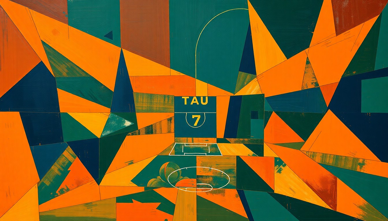 A fragmented, geometric painting depicting the overlapping perspectives and competing interests surrounding a sought-after transfer player in college basketball.