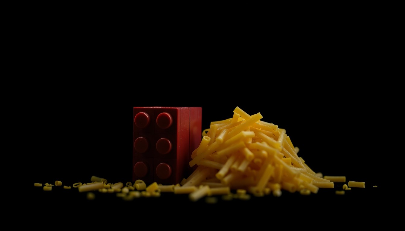 An extreme close-up photograph of a Lego brick and a handful of dried pasta, the harsh lighting and stark black background creating a gritty, investigative aesthetic that conceptually represents the organized retail crime scheme.