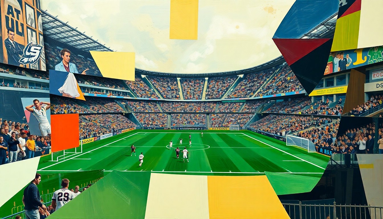 A cubist, geometric painting depicting a fragmented, multi-angled view of a football game or match, conveying the complex and fractured nature of the NFL's handling of personal conduct issues.